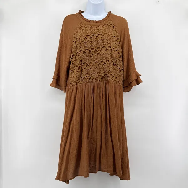 MOON RIVER Crochet Lace Bodice‎ Mini Dress Large Brown Crinkle Ruffle Boho Shift - Image 2