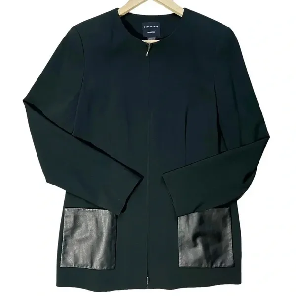 Doncaster Collection Black Zipper Front Leather Trim Jacket - Image 2