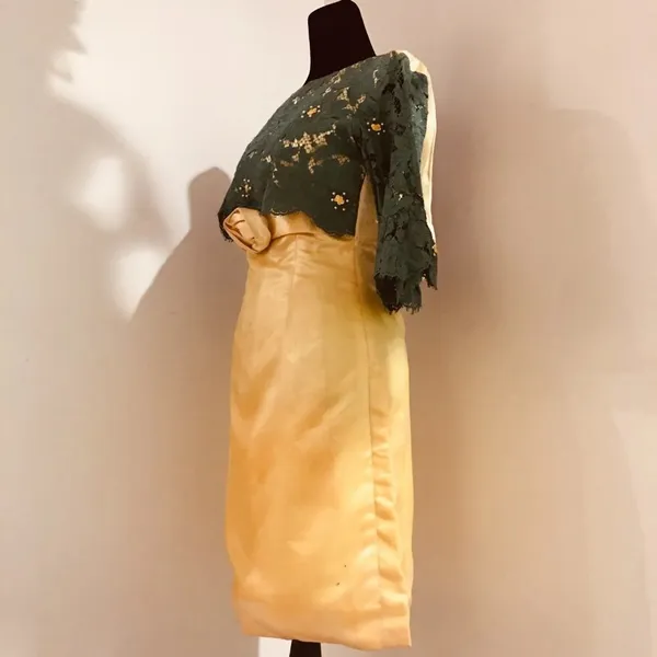 UNBRANDED Hand-Made Vintage 60s Green Lace Yellow Satin Beaded Fitted Dress XXS - Image 4