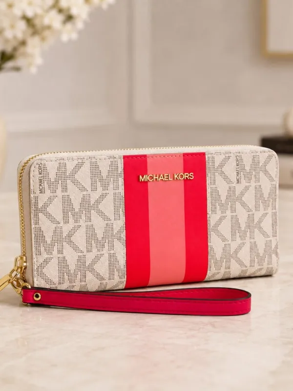 Michael Kors MK Logo Zip Around Phone Wallet Pink Stripe NWT - Image 3