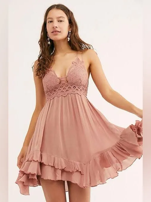 NWT Free People Adella Slip Lace short Dress Plunging Neckline Pink Rose ~ Small - Image 5