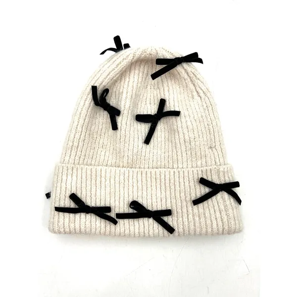Anthropologie Rib Knit Ivory Beanie Hat New Bow Embellishments - Image 7