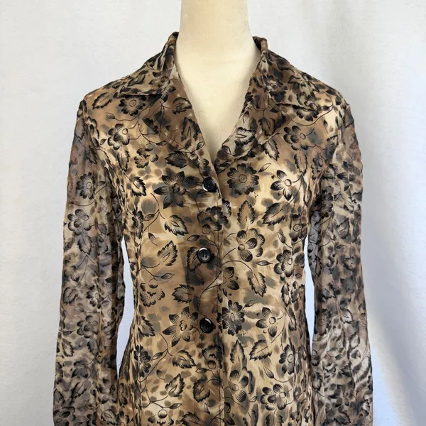 Vintage 90's Breakin Loose Sheer Floral Leopard Print‎ Duster Brown Black 5/6 - Image 2