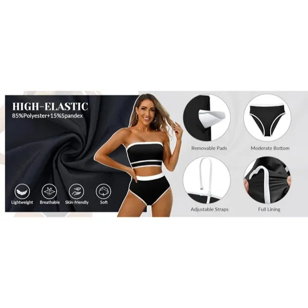 Yonique Bandeau Bikini Strapless Swimsuit Two Piece High Waisted MEDIUM - Image 7