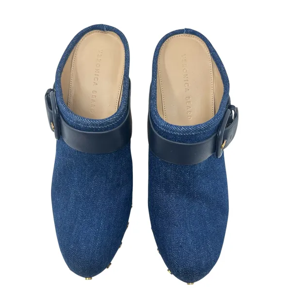 Veronica Beard Dacey Denim Clogs Heels Studded Buckle Wood Blue‎ Size 9.5 - Image 3