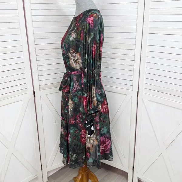 Maison Tara Dark Floral Pleated Sleeve Chiffon Fit Flare Dress Black Multi 10‎ - Image 3