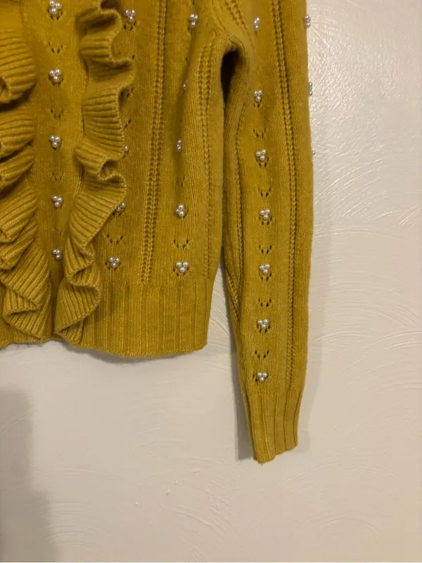 Industry M Mustard Yellow Pearl Embellished Ruffle Sweater M Medium - Image 7