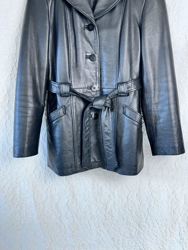 Winlit Vintage Leather Women's Jackets Size M Soft Black Warm Trench Coat Belt - Image 6