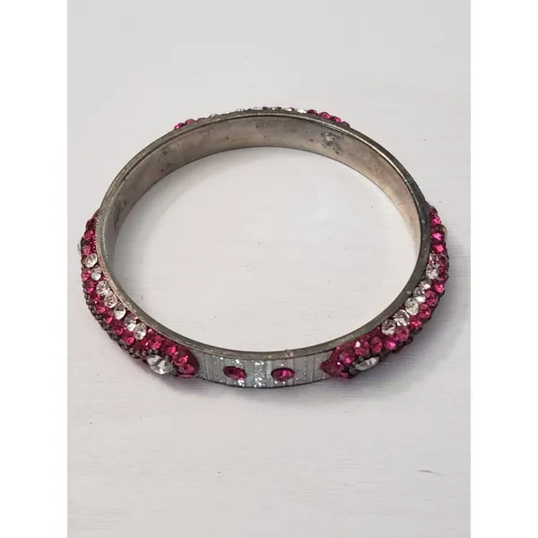 Vintage Bracelet / Bangle Pink & Silver Tone with Clear Gems - Image 5