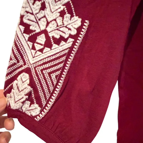 J. Crew Embroidered Tie‎ Neck Long Sleeve Top Women's Small Burgundy Boho Hippie - Image 4