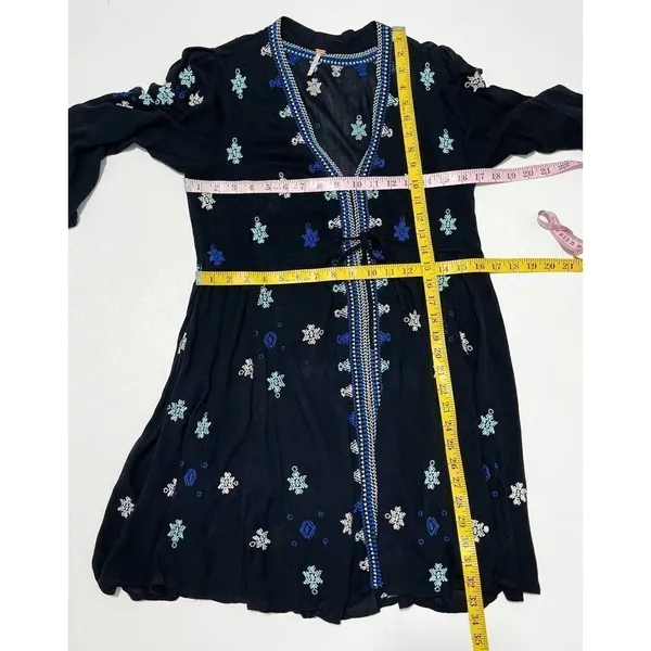 Free People Stargazer Mini Dress Embroidered V-Neck Tie Waist Black Blue Small - Image 8