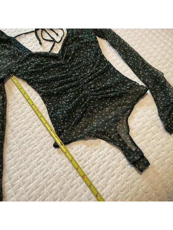 Lulus Bodysuit Long Sleeve Sz S Small Green Floral Mesh Sweetheart Neckline NWT - Image 3