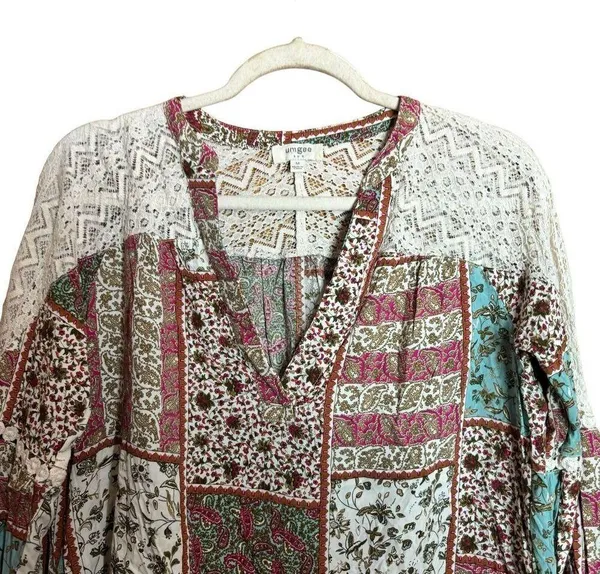 UMGEE Top Womens Medium Multicolor Patchwork Boho Print Blouse Ladies - Image 2
