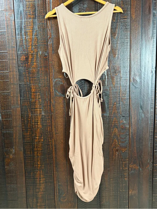 Taupe Cut Out Waist Midi Dress Size Large - Image 8