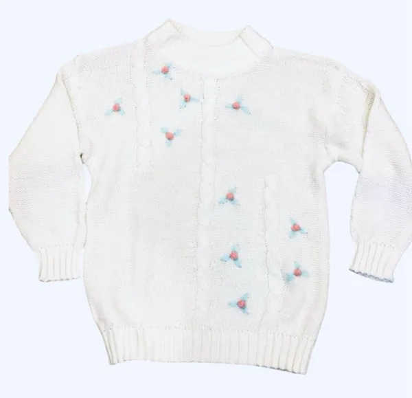 Vintage White Cable Knit Rosette Sweater Pink Mint Green Floral M Pastel Cottage - Image 2
