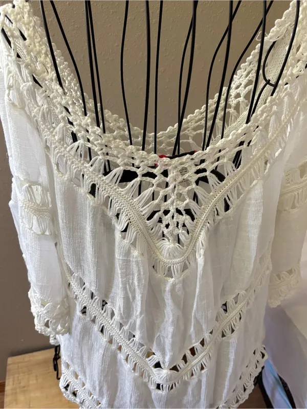White Crochet-Trim Peasant Top - swim coverup or blouse - Image 2