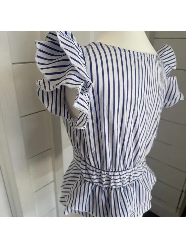 Blue White Striped Ruffle Peplum Blouse | Flutter Sleeve Top | Size S - Image 3