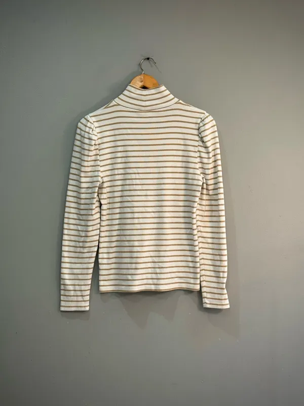 White/Tan J. Crew Puff Sleeve Ribbed Turtleneck Top Size L EUC - Image 5