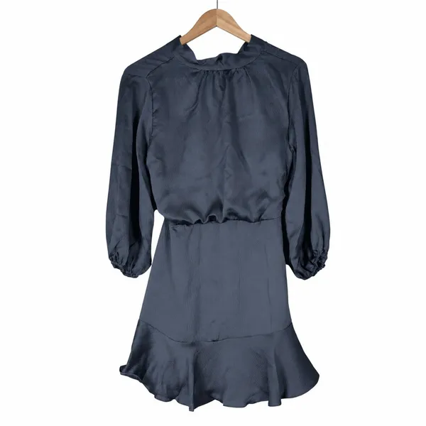 Vici Mini Dress Gray Ruffle Tie Back Textured Ballon Sleeve Coquette Size M - Image 3