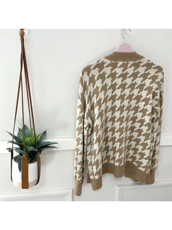 LOFT Tan Open Front Houndstooth Long Sleeve Sweater Size M Old Money Chic Preppy - Image 4