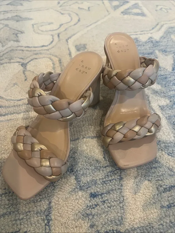 a new day Braided Double-Strap Block Heels - Cream with Gold Accent - Image 2