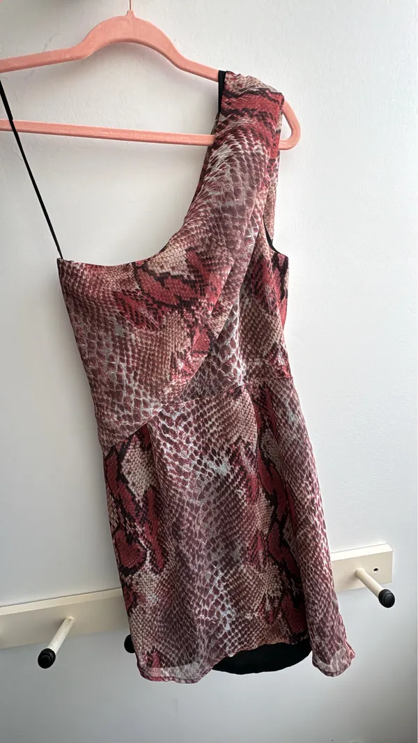 W118 Walter Baker Cold Shoulder Burgundy Snake Print Mini Dress - Image 2