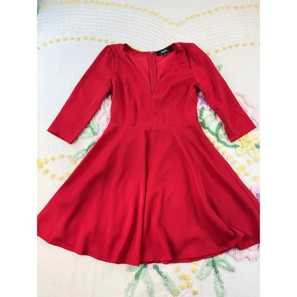 LuLu's Red Fit and Flare Dress V-Neck 3/4 Sleeve Party Cocktail Size S‎ - Image 3