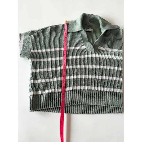 Hollister Sage Green White Striped Ribbed Polo Sweater V-Neck Cropped Small - Image 4