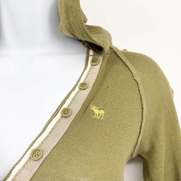 Abercrombie & Fitch Women Olive Green Y2K Bella Swan Waffle Knit Henley Hoodie S - Image 2