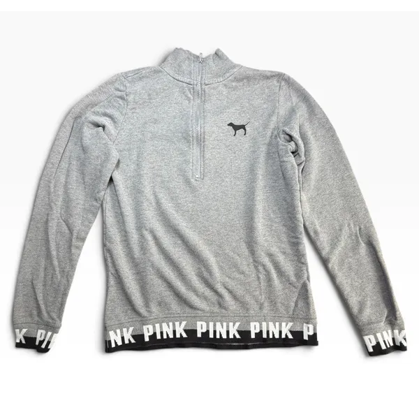 Victoria's Secret PINK Quarter Zip Pullover Sweatshirt Heather Gray Logo XS - Image 2