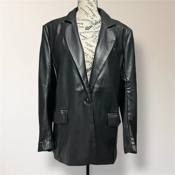 Anthropologie Endless Rose L Black Faux Leather‎ Blazer Jacket Pockets Y2K Retro - Image 5