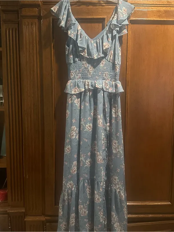 NWOT Floret Studios sz Small Blue Floral Ruffle Maxi Dress with Smocked Waist - Image 4