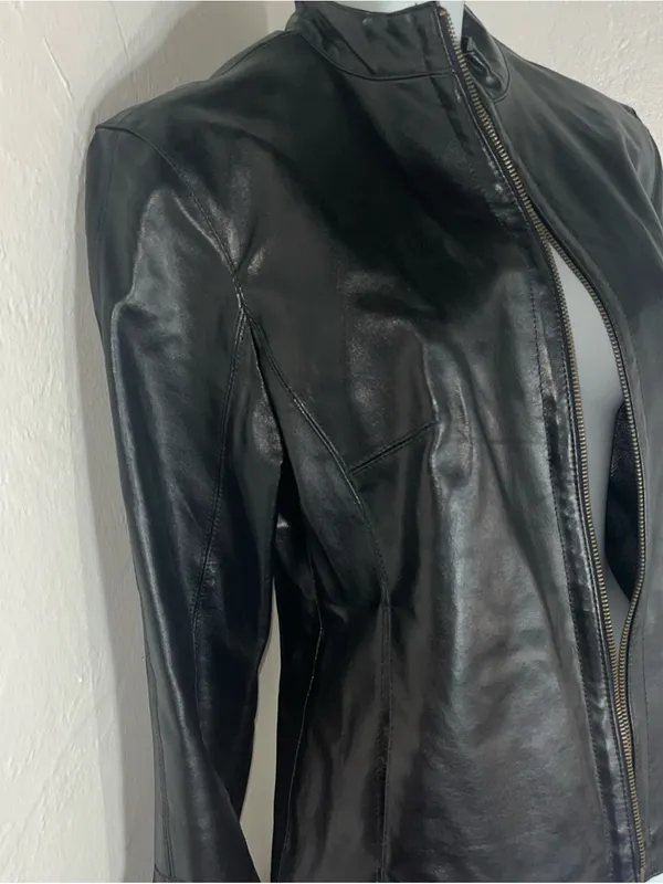 A.M.I Classic Black Leather Jacket - Women's Zip Front Size Small - Image 2