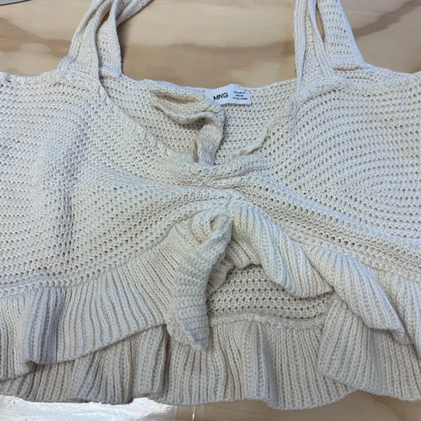 Mango MNG Cream Knit Tie Front Ruffle Hem Crop Top XL 100% Cotton Cottagecore - Image 4