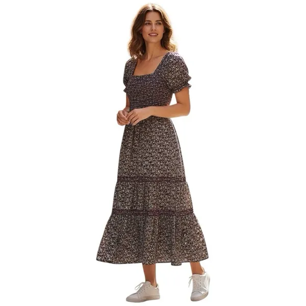 CAARA Smocked tiered Midi dress puff sleeves Ditsy floral Sz M Romantic chic - Image 9