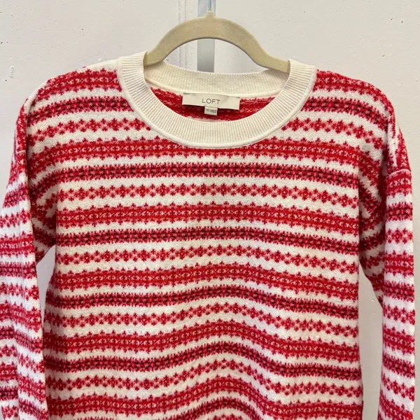 NWT LOFT‎ Women's Fair Isle Striped Crew Neck Sweater Red White XS S/766805 - Image 3