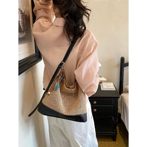 Chic Carryalls Leather Trim Woven Shoulder Bag - Image 6
