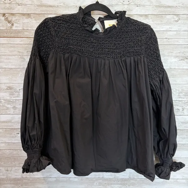 Anthropologie Maeve Womens 0 Top Smocked Peasant Blouse Black Puff Sleeve Cotton - Image 2