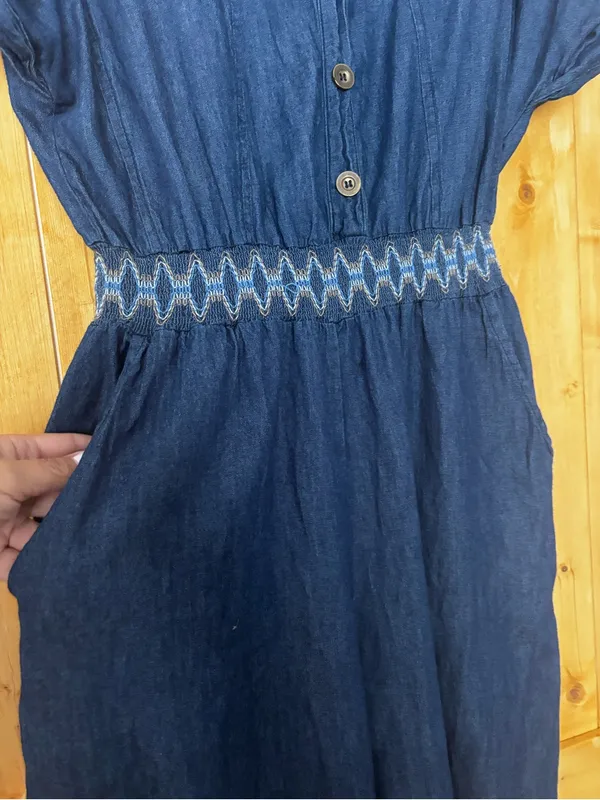 Indigo & Lace Denim Jumpsuit Smocked Waist Blue Size‎ L - Image 3