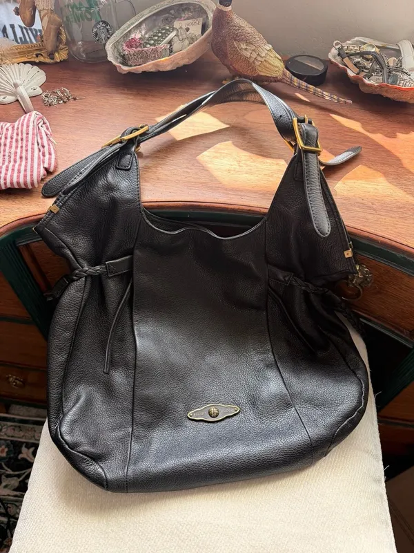 Black Leather Large Boho Hobo Shoulder Bag With Braided Tassels Gold Hardware - Image 8