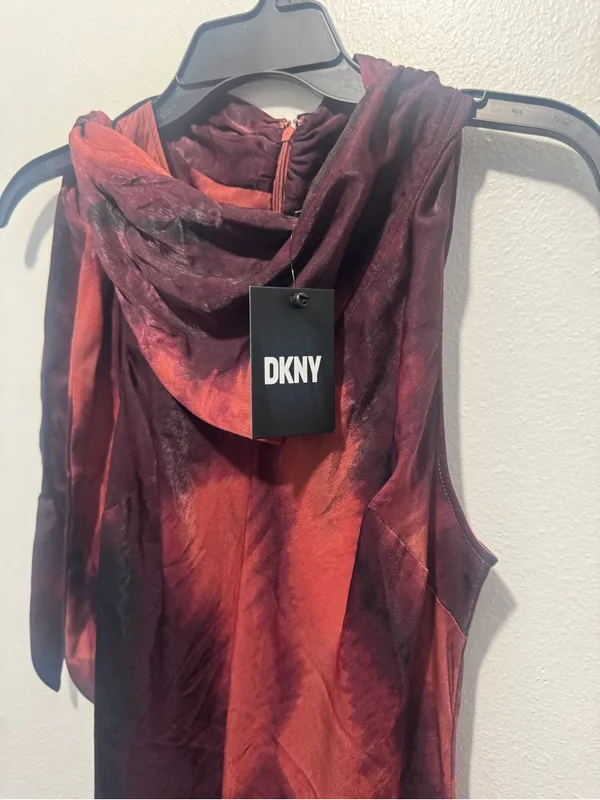 DKNY Sleeveless Tie-Neck Midi Dress in Burgundy and Coral Wash - Image 10