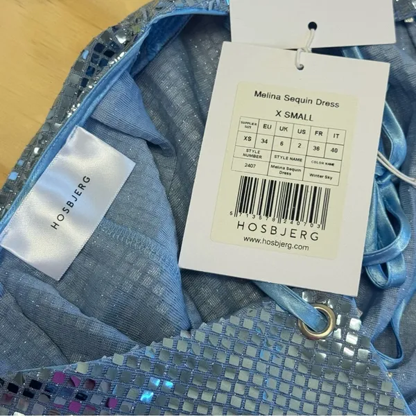 NWT Hosbjerg Sequin‎ Melina Halter Bodycon Midi Dress Winter Sky Blue XS Stretch - Image 10