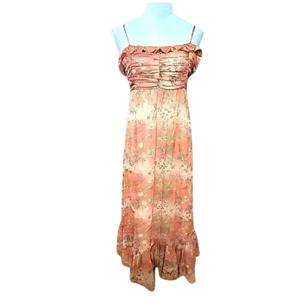 By TiMo Smocked Maxi Dress Floral Chiffon Ruffle Thin Straps Orange Medium NWOT - Image 2