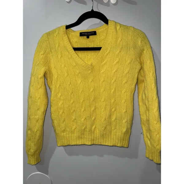 $398 Ralph Lauren Black‎ Label Women's Cable-Knit Cashmere Sweater Sz L Yellow X - Image 2