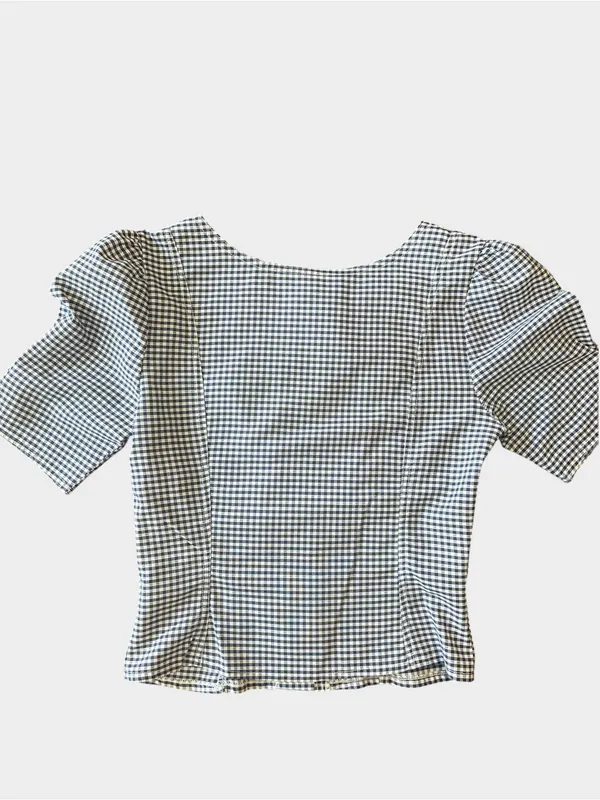Vintage Richards Navy Gingham Puff Sleeve Button Blouse UK 10 US 6 - Image 2