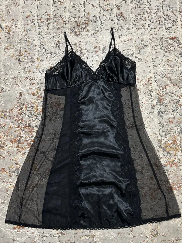 Vintage Fredericks of Hollywood black satin sheer mesh chemise slip dress size M - Image 2