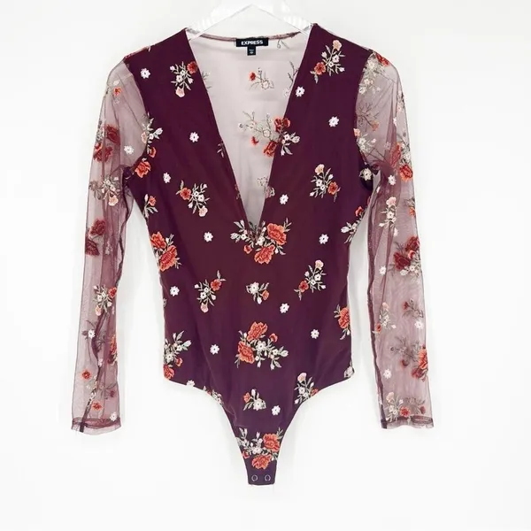 Express Mesh Floral Embroidered Long Sleeve V-Neck Bodysuit Women's‎ XS Coquette - Image 2