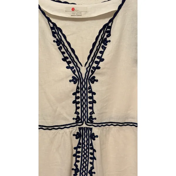 Boden Shift Dress Sz 16 Ivory Navy Blue Embroidered Linen V-Neck Boho Vacation - Image 6