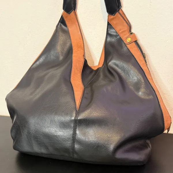 Reversible Vegan Leather Hobo Bag Black Brown Colorblock Slouchy Minimalist BOHO - Image 5