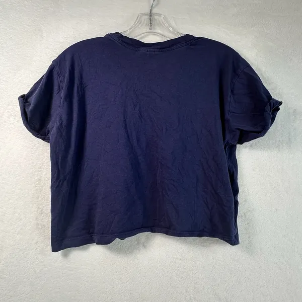 HM Divided Womens Navy Blue Crop Top Pocket Tee Rolled Sleeve Cotton Size M - Image 2